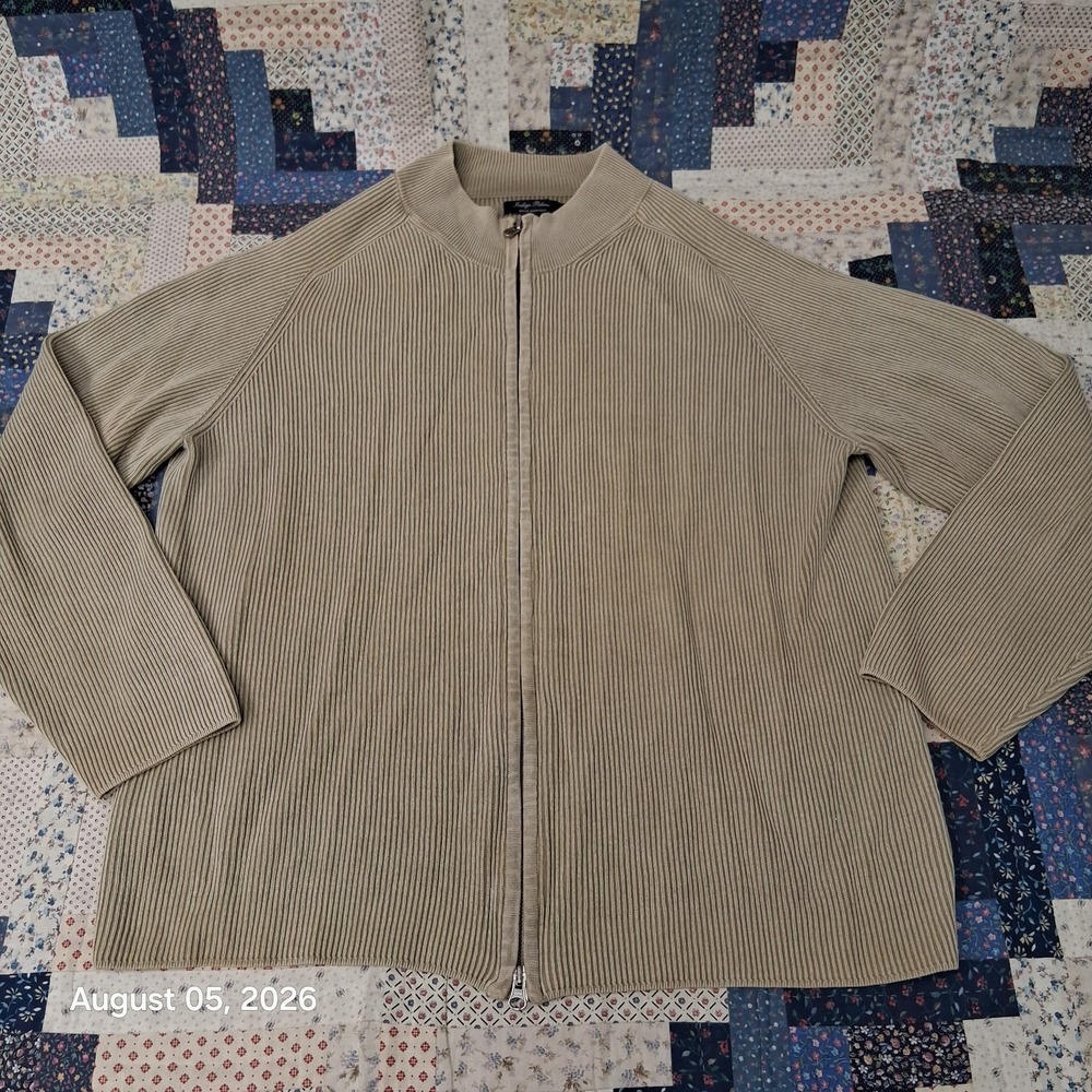 90s Indigo Palms Mens XL Khaki Ribbed Cotton Full Zip Mock Neck Sweater